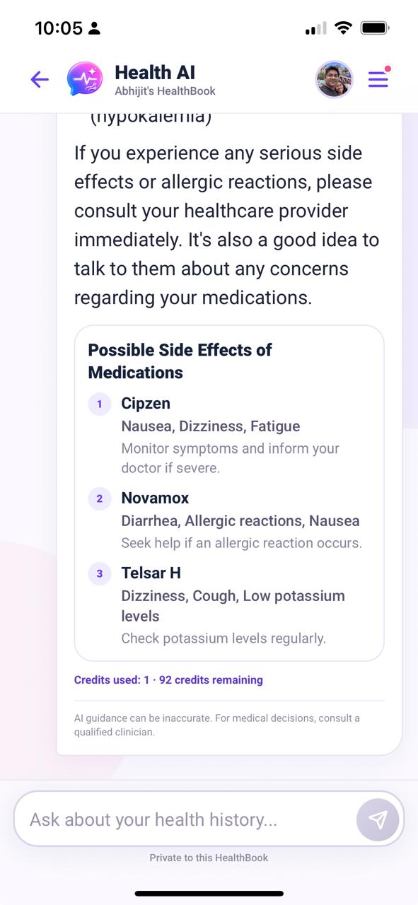 Health AI explaining medication considerations from a HealthiBit