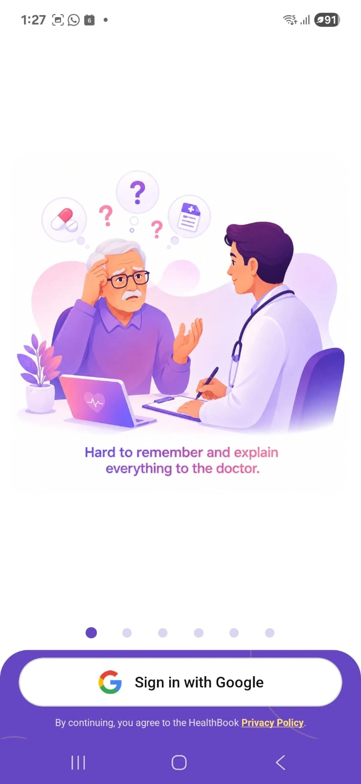 An elderly father finding it difficult to explain his health history to a doctor